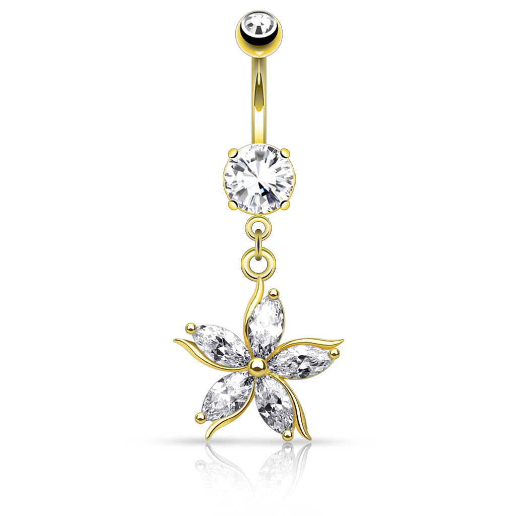 Flower w/ CZ Shard Petals Dangle Navel Belly Button Ring