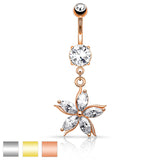 Flower w/ CZ Shard Petals Dangle Navel Belly Button Ring