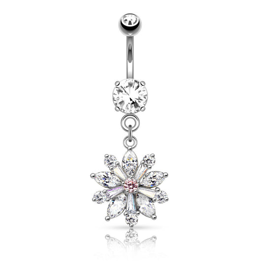 Flower w/ Prong Set CZ Shard Petals Dangle Navel Belly Button Ring