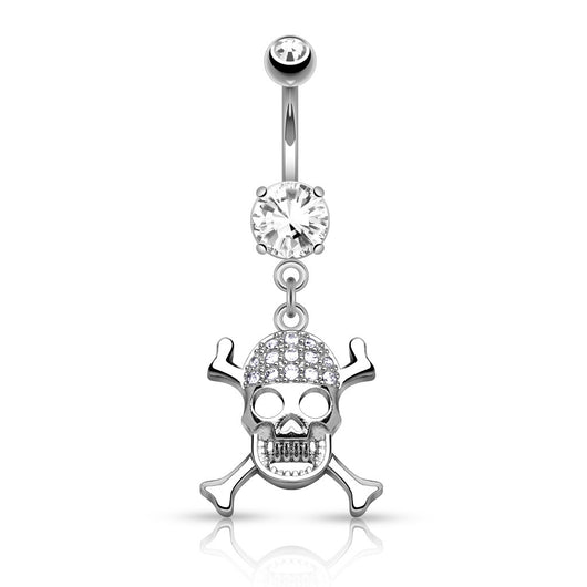 CZ Skull Cross Bones Dangle Surgical Steel Belly Button Navel Rings