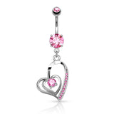 CZ Double Heart Dangle Surgical Steel Belly Button Navel Rings