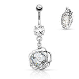 CZ Camellia Flower Dangle Surgical Steel Belly Button Navel Rings