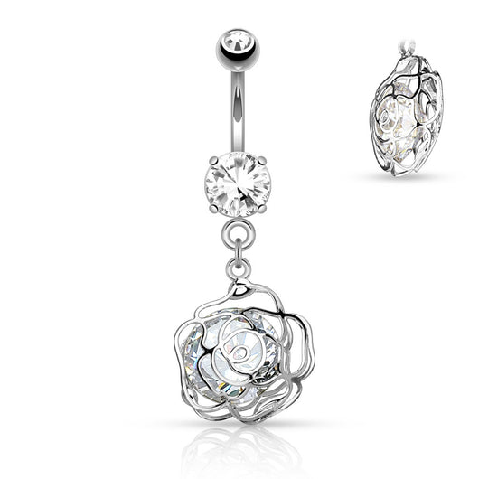 CZ Camellia Flower Dangle Surgical Steel Belly Button Navel Rings