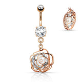 CZ Camellia Flower Dangle Surgical Steel Belly Button Navel Rings