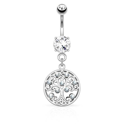 Tree of Life CZ Dangle Surgical Steel Navel Belly Button Rings