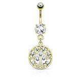 Tree of Life CZ Dangle Surgical Steel Navel Belly Button Rings