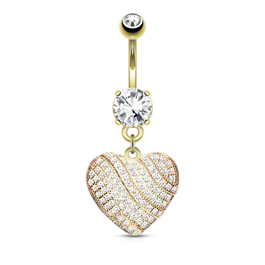 Gold Plated Micro CZ Paved Heart Shape Dangle Belly Button Navel Rings