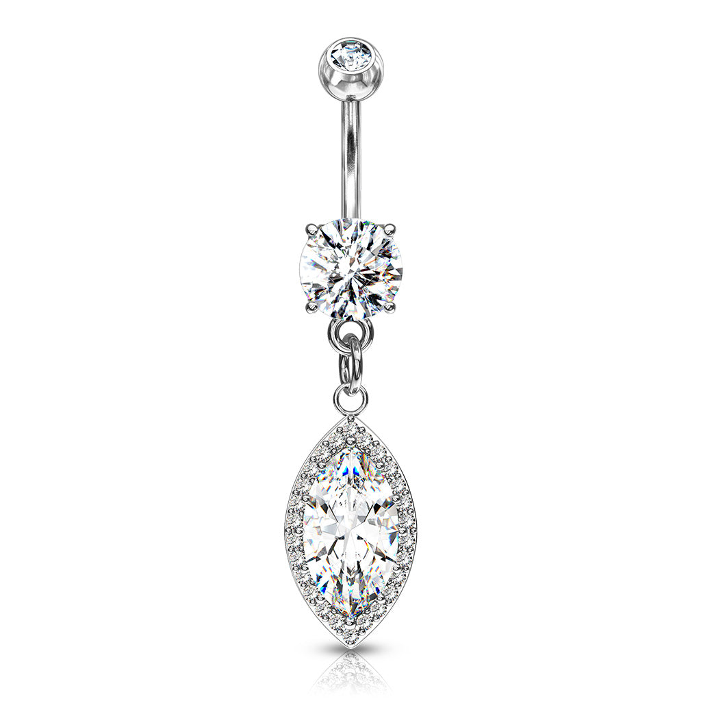 Round CZ Prong Set Large Marquise CZ Dangle 14kt Gold Plated Navel Bel