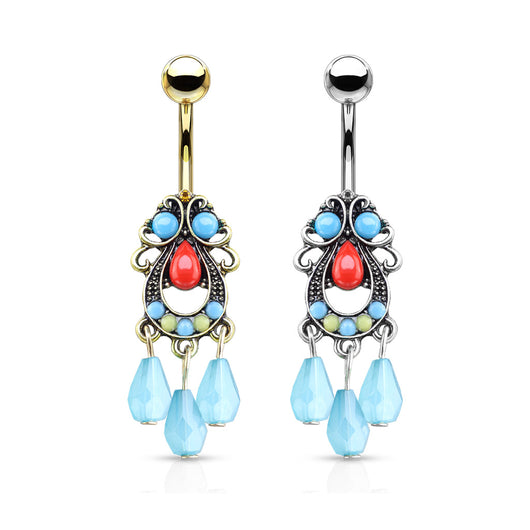 Turquoise Stone Set Tribal Filigree Beads Dangle Surgical Steel Navel Belly Button Rings