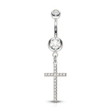 Crystal Paved Cross Dangle Double Jeweled Navel Belly Button Ring