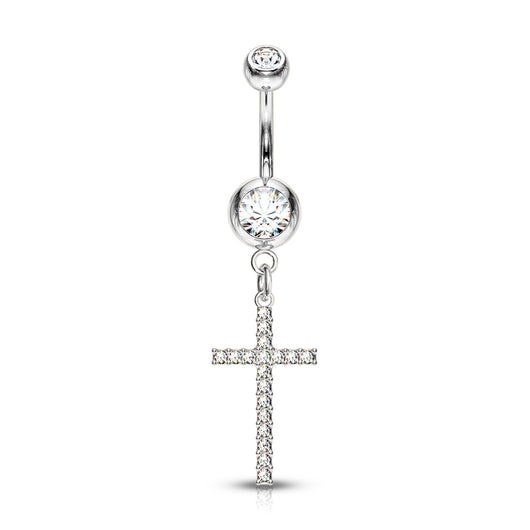Crystal Paved Cross Dangle Double Jeweled Navel Belly Button Ring