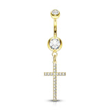 Crystal Paved Cross Dangle Double Jeweled Navel Belly Button Ring