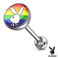 Licensed Gay Pride Playboy Bunny Logo Print Inlay Barbell Tongue Rings