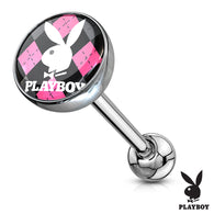 Licensed Pink Argyle Playboy Bunny Logo Print Inlay Barbell Tongue Rings