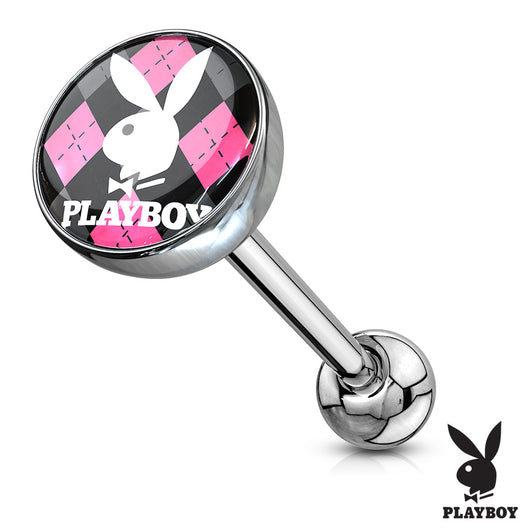 Licensed Pink Argyle Playboy Bunny Logo Print Inlay Barbell Tongue Rings
