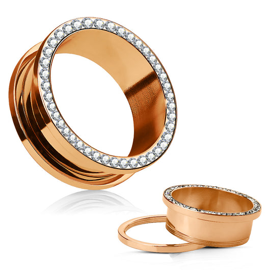 14K Rose Gold Plated Multi CZ Rim Ear Plugs Screw Fit Flesh Tunnels 1 Pc