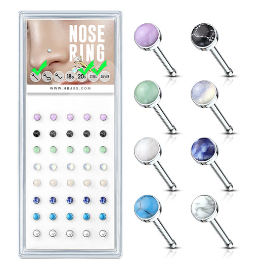 40 Pc Pre Loaded Semi Precious Stone Set Nose Bone Stud Rings