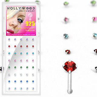 40pcs. 2 MM Round Prong Set Mixed CZ .925 Sterling Silver Nose Bone Package