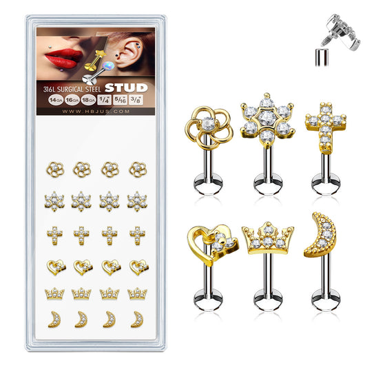 24 Pc Mixed Style Gold Plated Top Labret Monroe Ear Cartilage Studs