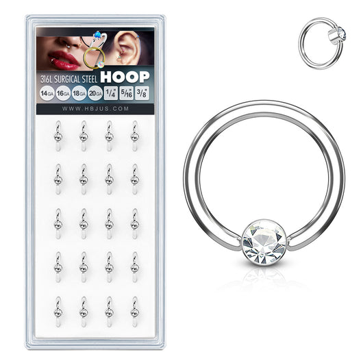 20 Pc Pre Loaded 16G Flat Set CZ Captive Hoop Ring Nose Tragus Helix