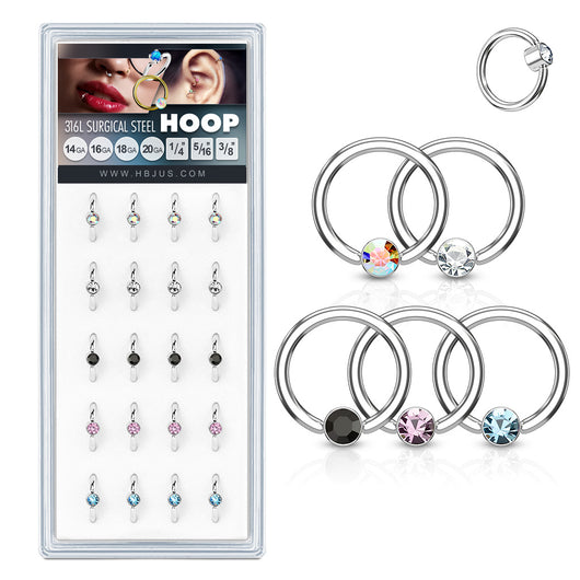 20 Pc Box 16G Flat Set CZ Captive Hoop Ring Nose Tragus Helix