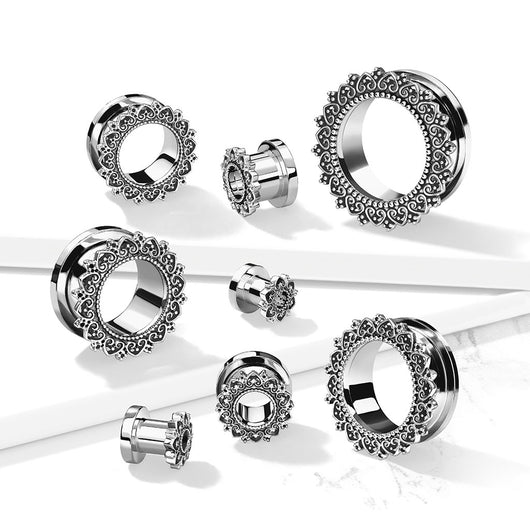 Tribal Heart Filigree 316L Surgical Steel Screw Fit Flesh Tunnel Plugs