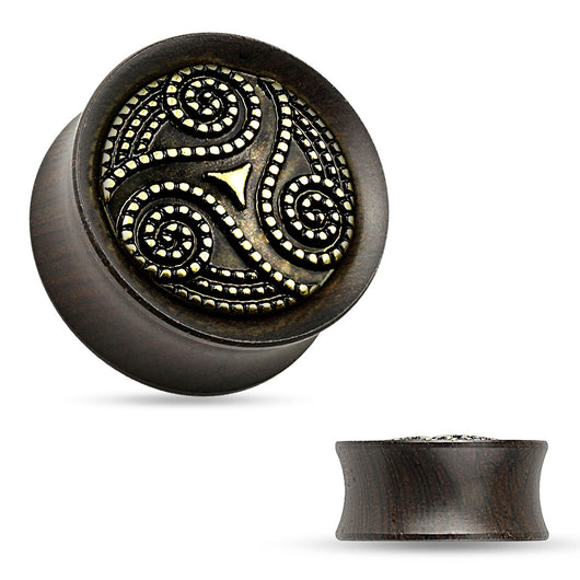 Pair Dotted Tribal Swirl Ebony Wood Double Flare Saddle Ear Plugs