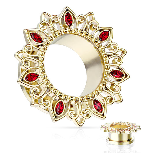 1 Pc Tribal Lotus Flower With Zircon Set Petal Screw Fit Flesh Tunnels Plugs