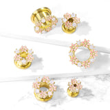 Opalite Stones And Enamel Flowers Gold Screw Fit Flesh Tunnel Ear Plugs