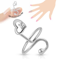 Heart With CZ Adjustable Rhodium Plated Brass Nail Ring