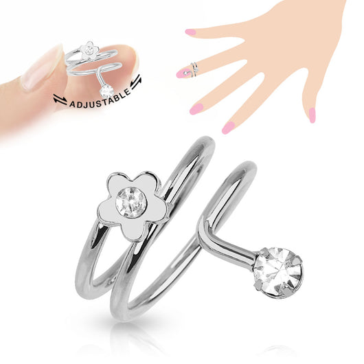 Flower CZ Adjustable Rhodium Plated Brass Nail Ring