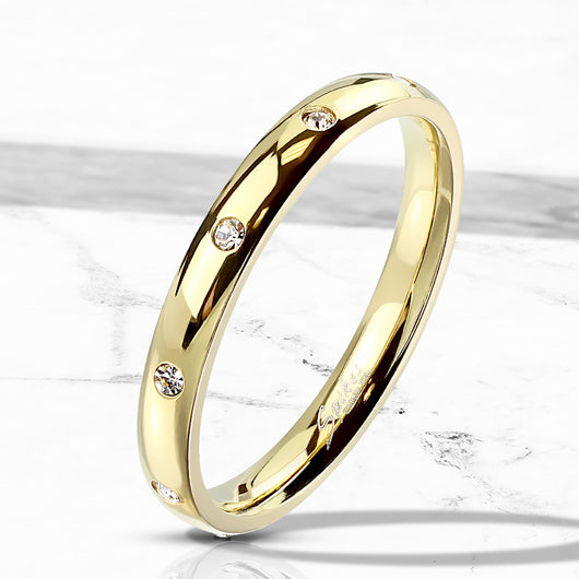 10 CZ Classic Dome Gold IP Stainless Steel Band Ring