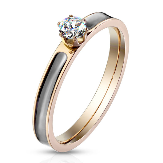 Prong Set CZ On Black Enamel Filled Engagement Rose Gold Rings