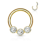 316L Surgical Steel 3 Bezel Set CZ  Hinged Segment Hoop Rings Nose Septum