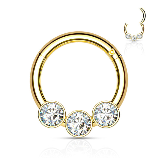 316L Surgical Steel 3 Bezel Set CZ  Hinged Segment Hoop Rings Nose Septum