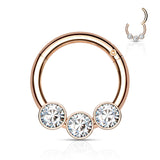 316L Surgical Steel 3 Bezel Set CZ  Hinged Segment Hoop Rings Nose Septum
