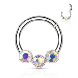 316L Surgical Steel 3 Bezel Set CZ  Hinged Segment Hoop Rings Nose Septum