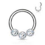 316L Surgical Steel 3 Bezel Set CZ  Hinged Segment Hoop Rings Nose Septum