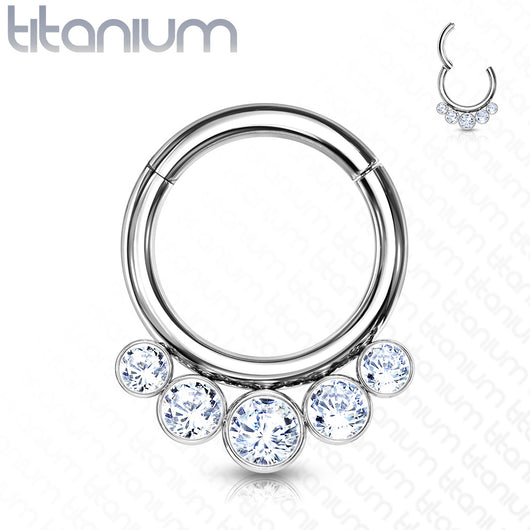 Titanium Hinged Segment Hoop Ring 5 Crystals For Nose Septum Cartilage
