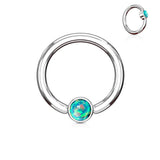 Opal Set Round Flat Cylinder Surgical Steel Captive Hoop Ring