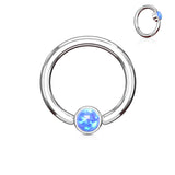 Opal Set Round Flat Cylinder Surgical Steel Captive Hoop Ring