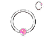 Opal Set Round Flat Cylinder Surgical Steel Captive Hoop Ring