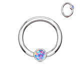 Opal Set Round Flat Cylinder Surgical Steel Captive Hoop Ring