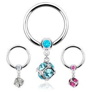 Dice Multi Gem Paved Dangle 316L Surgical Steel Captive Bead Ring