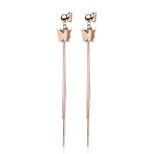 Pair Of Gold 2 Tone 3D Butterfly And Chain Dangle Studs Earring