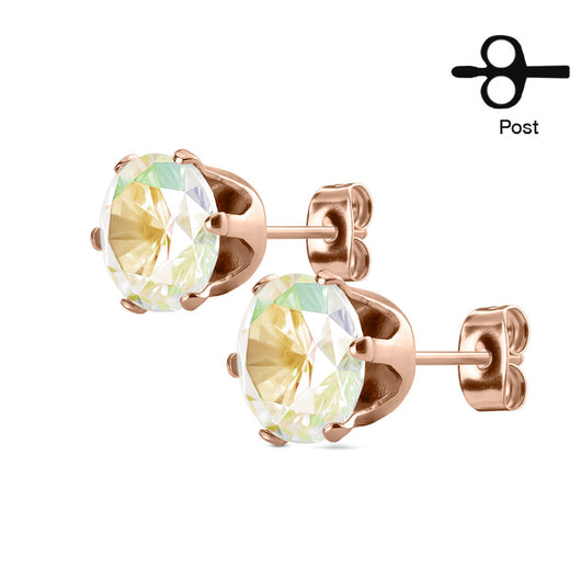Pair of Rose Gold IP Stainless Steel Stud Earring with Round CZ