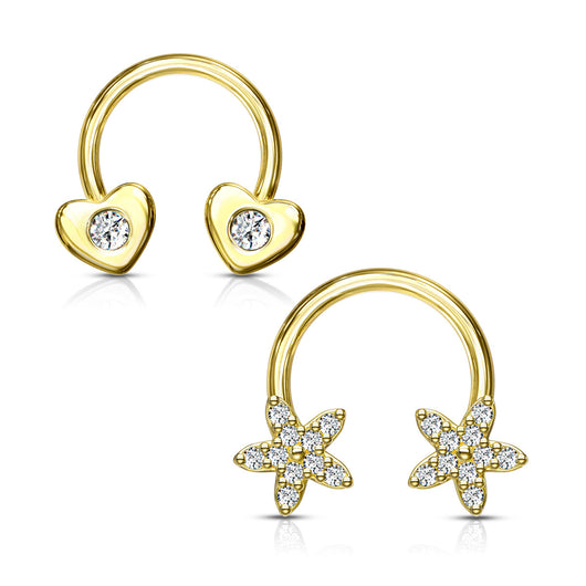 2 Pc Combo CZ Heart And Flower Circular Horseshoes Ear Cartilage Helix