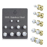 5 Pairs Of Mixed Size Prong Set CZ Stainless Steel Stud Earrings Pack