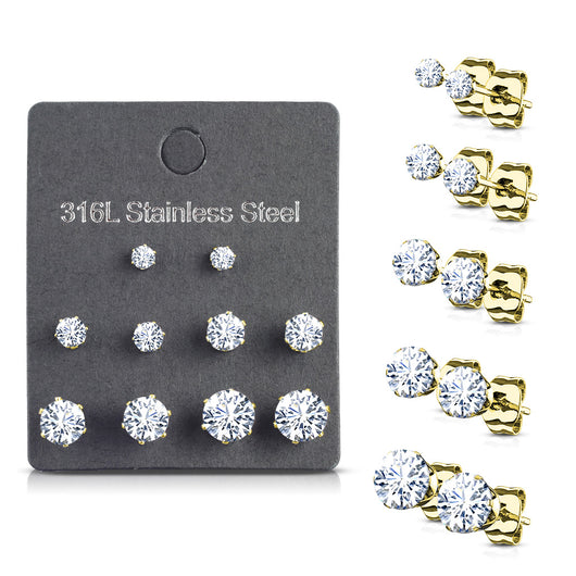 5 Pairs Of Mixed Size Prong Set CZ Stainless Steel Stud Earrings Pack