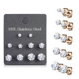 5 Pairs Of Mixed Size Prong Set CZ Stainless Steel Stud Earrings Pack